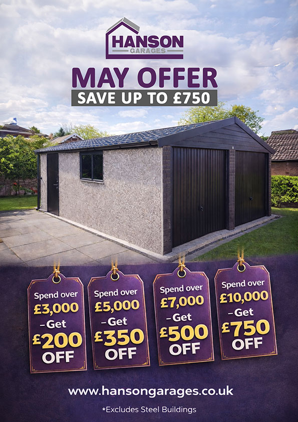 Advertisement for Hansen Garages: a grey stone garage with black doors, May offer badges showing discounts up to £750 off on garage purchases.