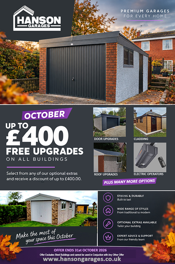 Promo poster for Hanson Garages showing a grey-roofed garage amid autumn leaves with the headline 'Up to £400 Free Upgrades on All Buildings'.